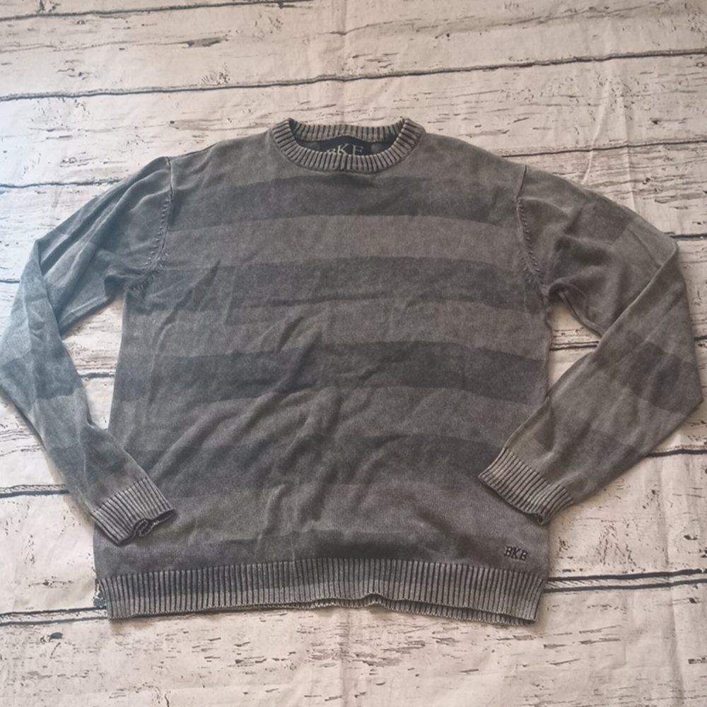 BKE Charcoal and Light Gray Striped Crewneck Sweater